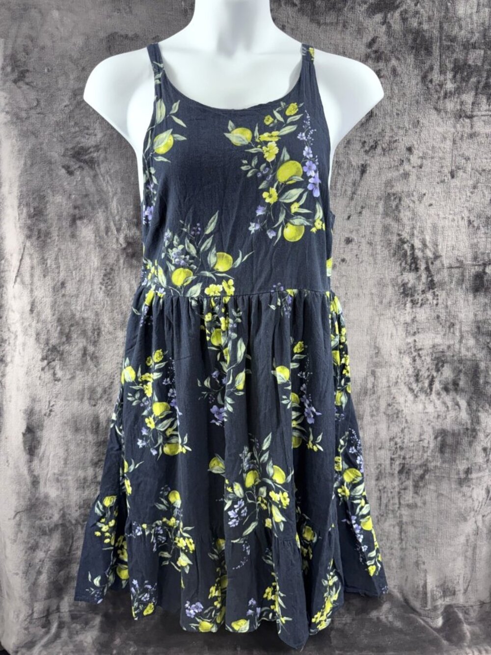 Navy Blue Sundress Women's size L Green Apples Flowers Tie Back Lined w Pockets